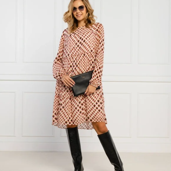 NEW Marc Cain geometric plaid pattern chiffon long sleeve knee length dress 12
